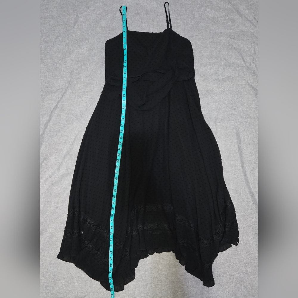 AQUA Black Midi Dress Swiss Dot Lace Inset Handkerchief Hem Tie Waist Small - Picture 13 of 15